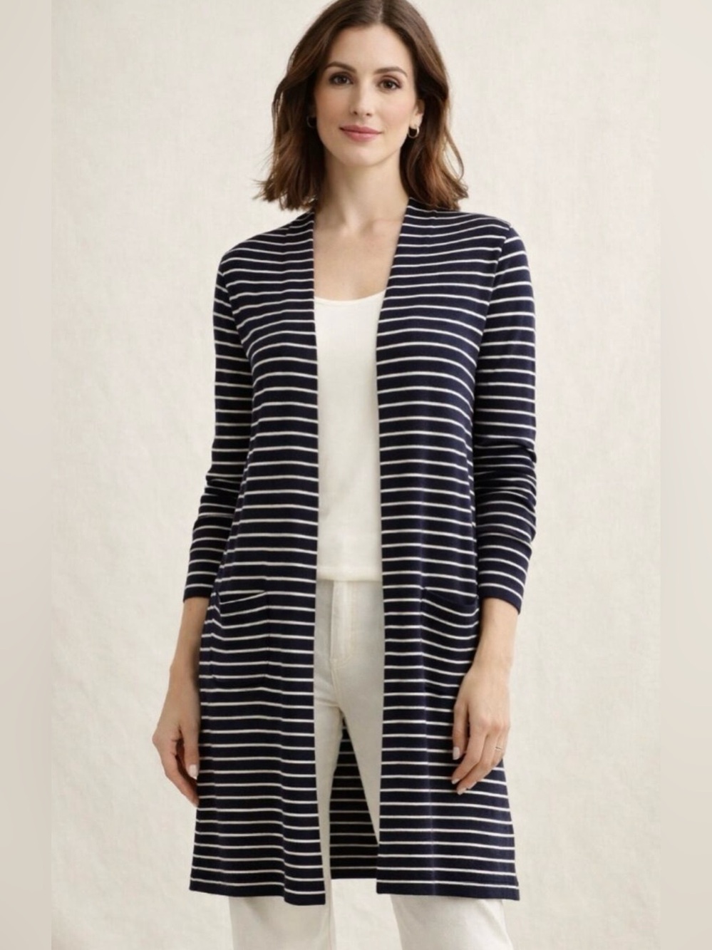 Athleta silk cotton cashmere blend navy & white stripe long cardigan Small (536)